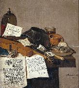 Anthonie Leemans Still life with a copy of De Waere Mercurius oil painting on canvas